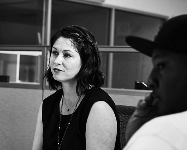 Tawnya Benavides Bhattacharya gesturing during a screenwriting class
