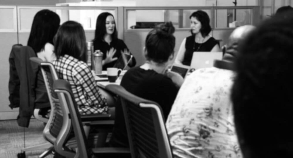 Tawnya Benavides Bhattacharya and Margauz Froley teaching a TV writing class