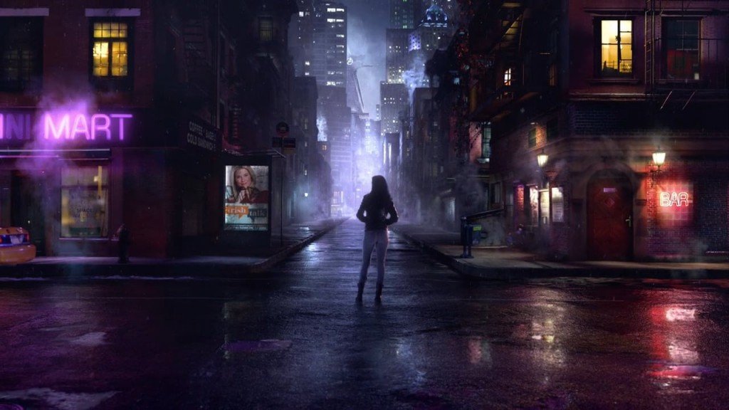evocative street scene at night from the show Jessica Jones