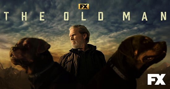 The Old Man FX tv show poster with Jeff Bridges and two Rottweiler dogs